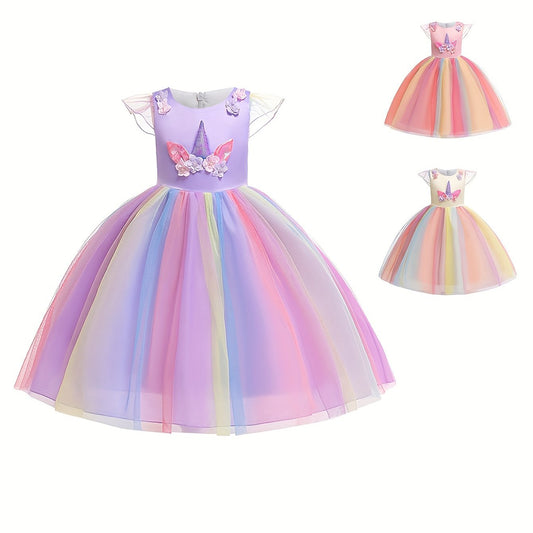 Girls Unicorn Mesh Princess Dress Formal Party Dress