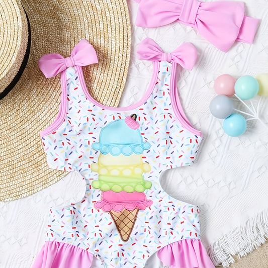 Girls Ice Cream Swimsuit with Ruffle Trim & Bow - Summer Swimwear