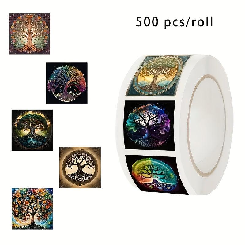 500pcs Tree of Life Stickers Roll - Self Adhesive Designs for Bottles Laptops Ph