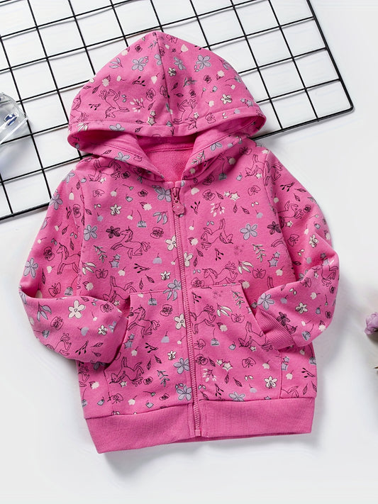 Toddler Girls Unicorn & Flowers Hooded Jacket Cotton Zipper Coat