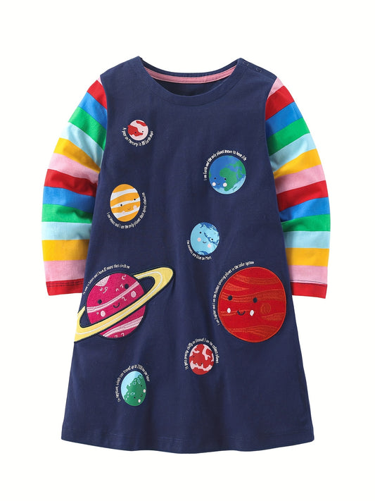 Girls Colorful Planet Print Long Sleeve Casual Dress
