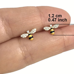 Zircon Bee Stud Earrings Silver Plated Minimalist Style Jewelry