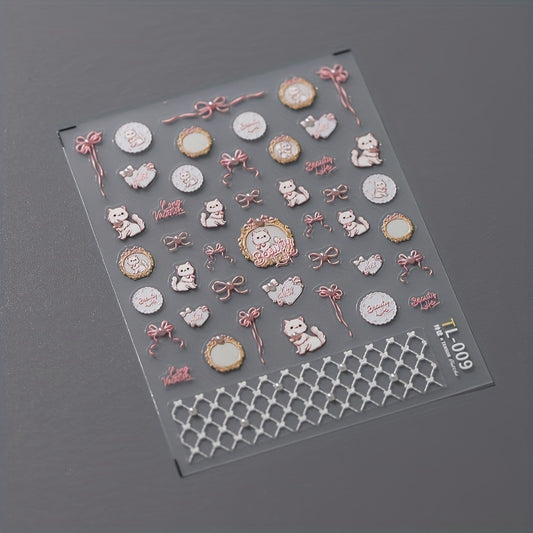 Cat Inlaid Pearl Nail Art Sticker 5D Three-dimensional Back Glue