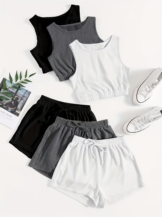 6 Pack Plus Size Loungewear Set Solid Crop Tank Top & Tie Shorts