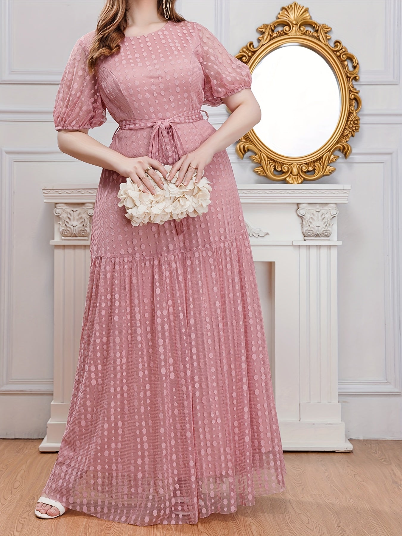 Polka Dot Mesh Puff Sleeve Maxi Formal Evening Dress With Belt