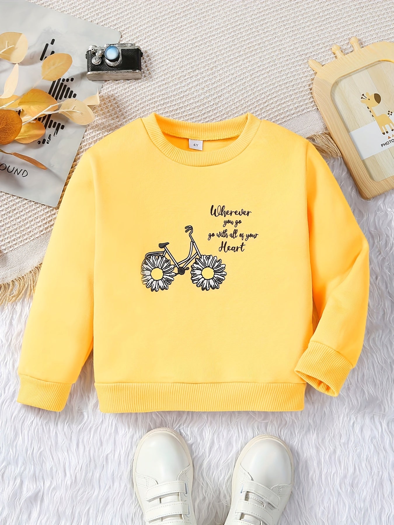 Floral Bicycle Graphic Sweatshirt For Girls Comfy Round Neck Pullover Tops
