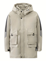 Men's Hooded Puffer Jacket Warm Winter Big Pockets Solid Coat