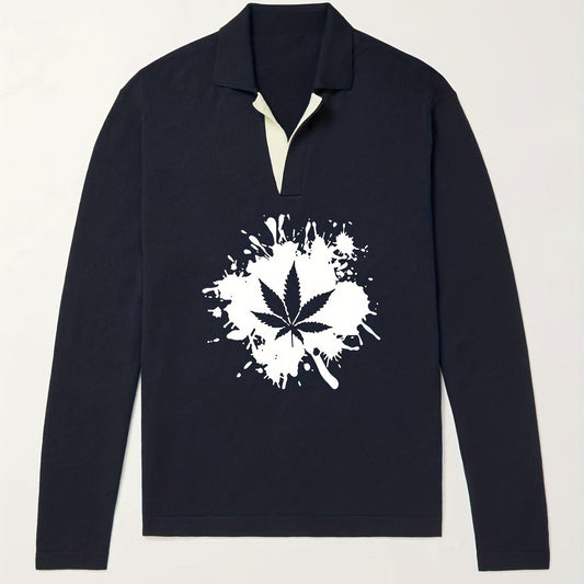 Leaf Pattern Knit Polo Shirt Men's Casual Lapel Sweater