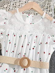 Girls Mesh Neck Berry Dress with Ruffle Sleeve