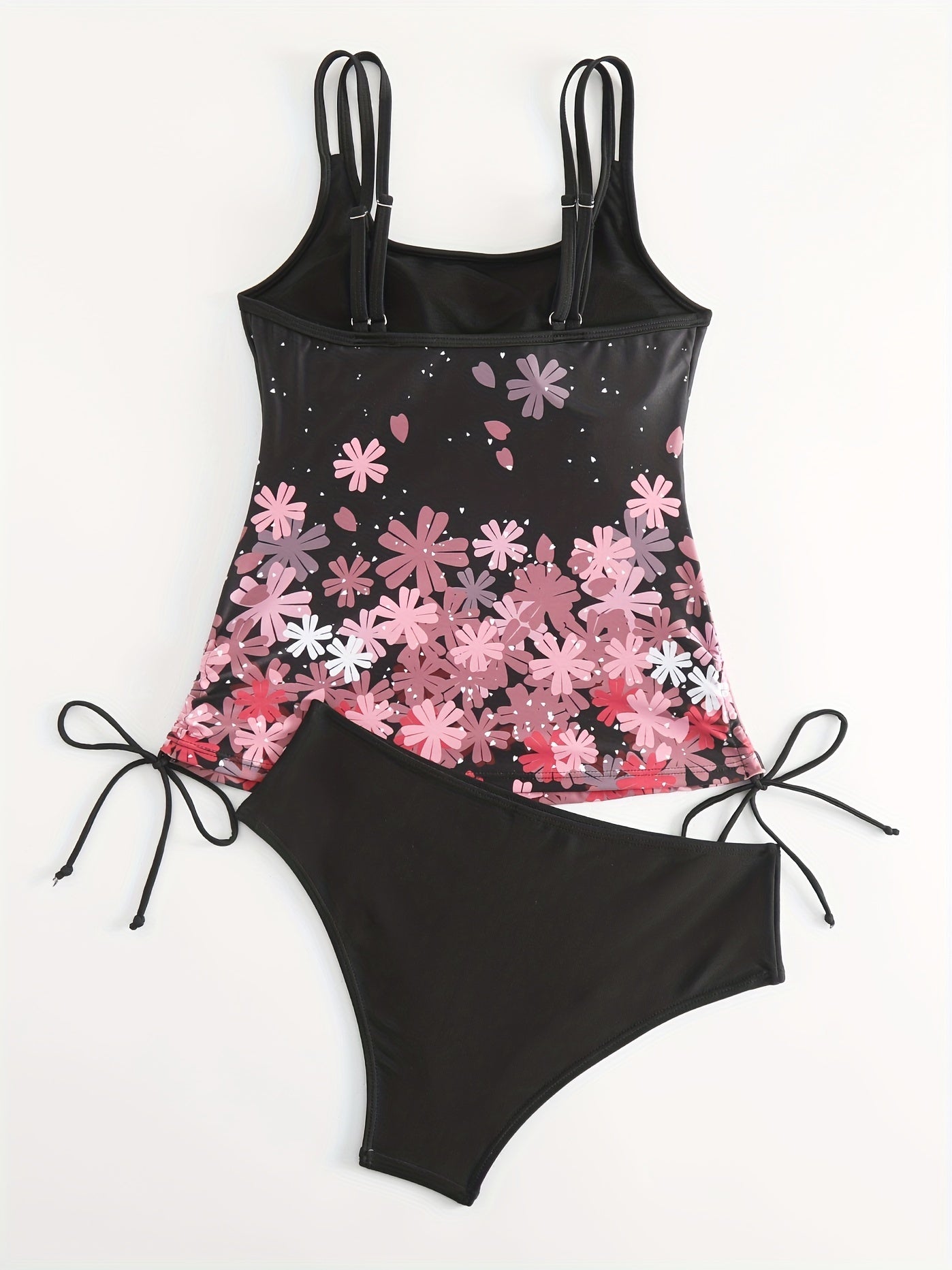 Floral Print Split Strap Knot Side Tankini Set Plus Size