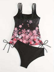Floral Print Split Strap Knot Side Tankini Set Plus Size