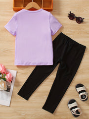 Girls Cat Print Short Sleeve Tee & Pants Set