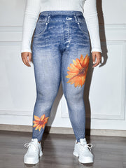  3D Denim & Sunflower High Rise Leggings