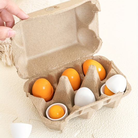 6pcs Wooden Egg Toys Set for Children Play Kitchen Pretend Food