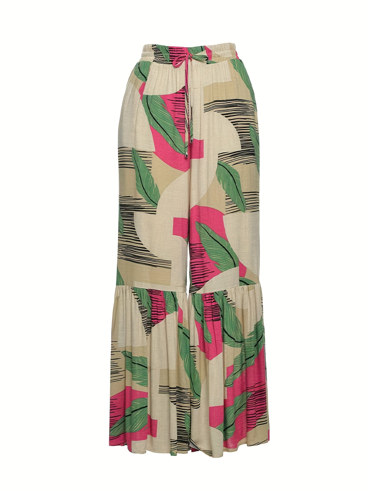 Colorblock Striped Ruffle Trim Wide Leg Pants