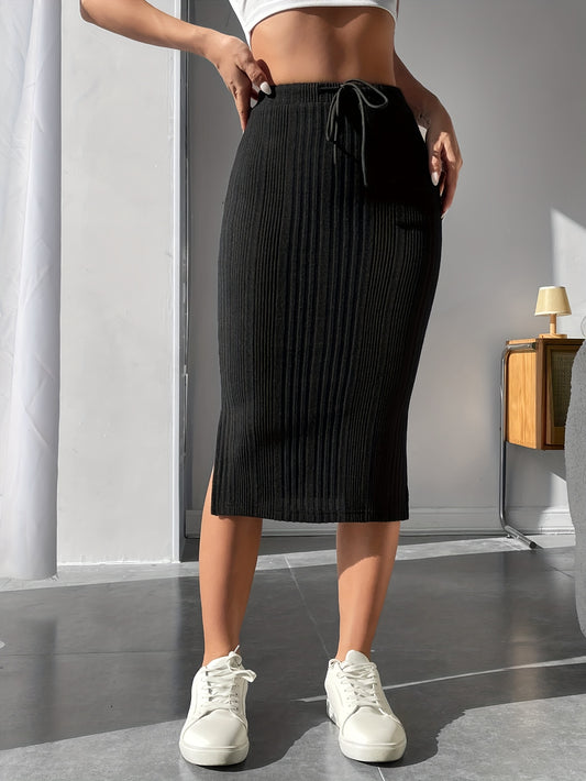 Drawstring Midi Skirt Solid Ribbed Bag Hip