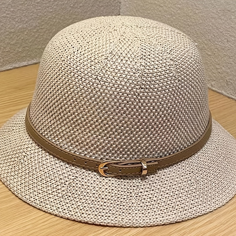 Hollow Crochet Bucket Hat Belt Decor Casual Sunscreen Basin Hat