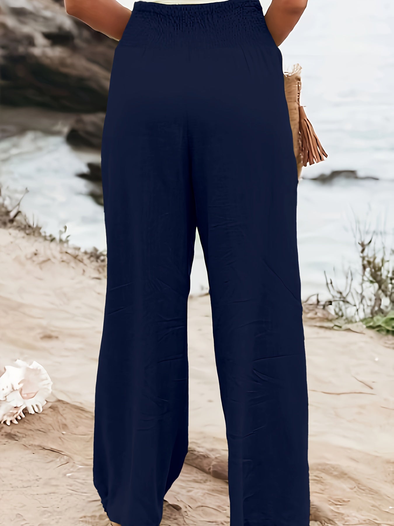  Solid Shirred Waist Wide Leg Trousers