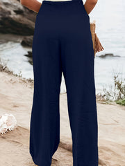  Solid Shirred Waist Wide Leg Trousers