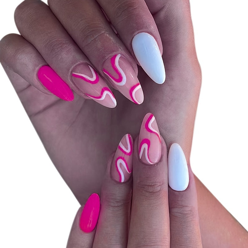 Hot Pink Press On Nails Medium Almond Stripe Reusable False Nails