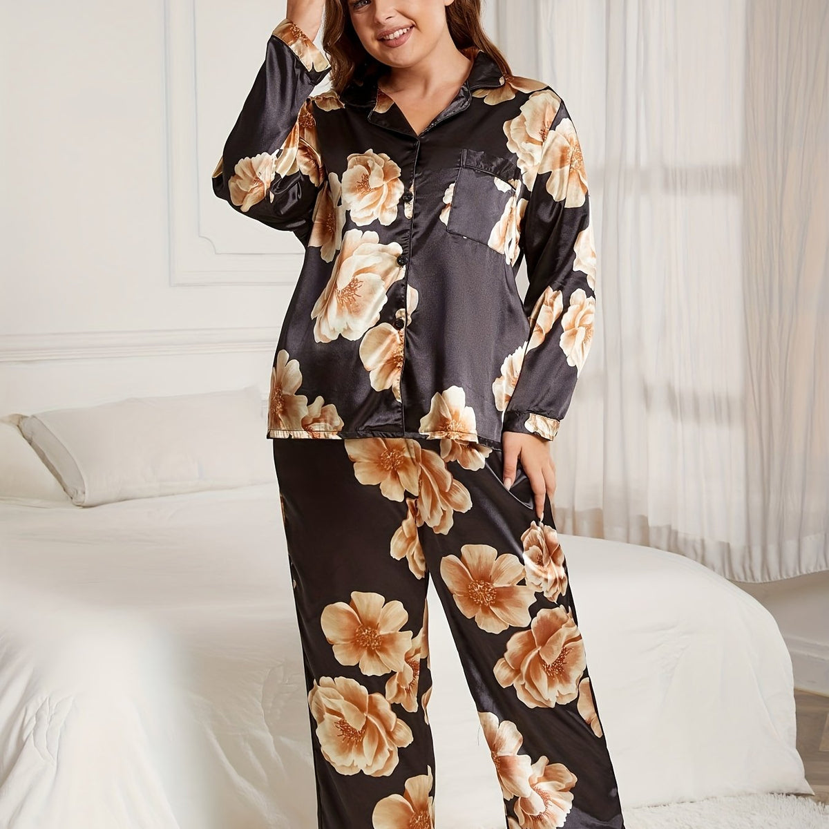  Satin Floral Print Pajama Set Button Up Shirt & Pants