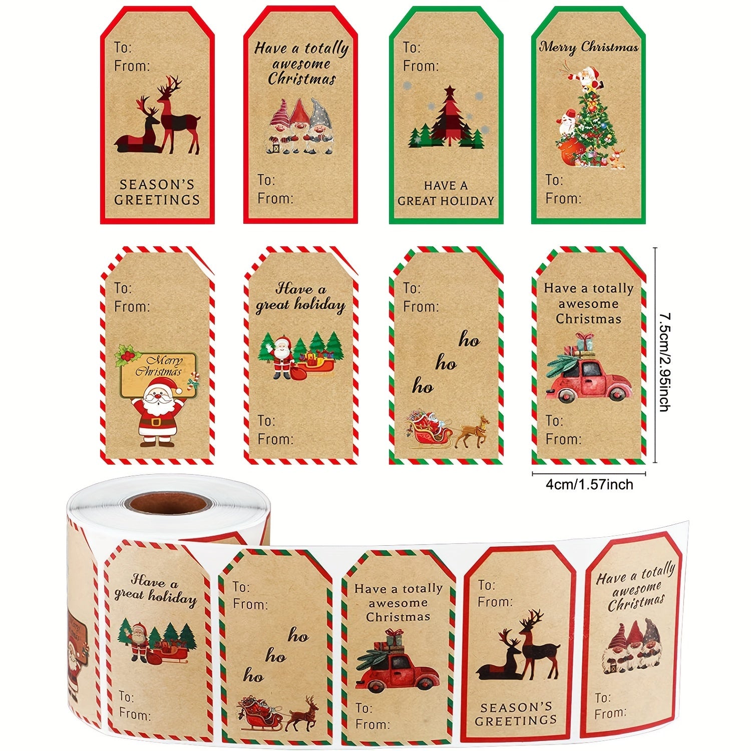 300pcs Christmas Holiday Stickers 8 Patterns Self-Adhesive Label Roll
