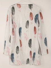  Feather Print Open Front Cardigan With Pockets
