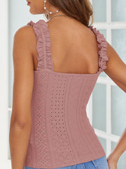 Eyelet Ruffle Trim Cami Top Solid Slim Sleeveless Top