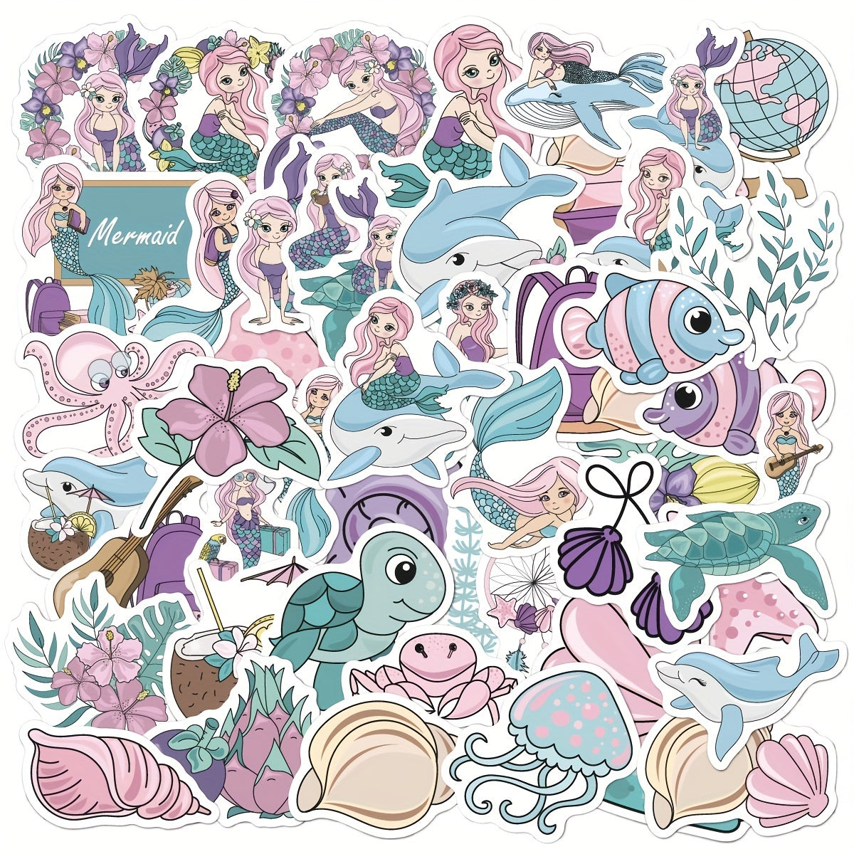 50pcs Mermaid Stickers Waterproof Vinyl Art for Water Bottles & Notebooks