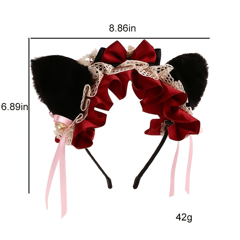 Pink Cat Ears Headband with Red Bows Jingle Bells