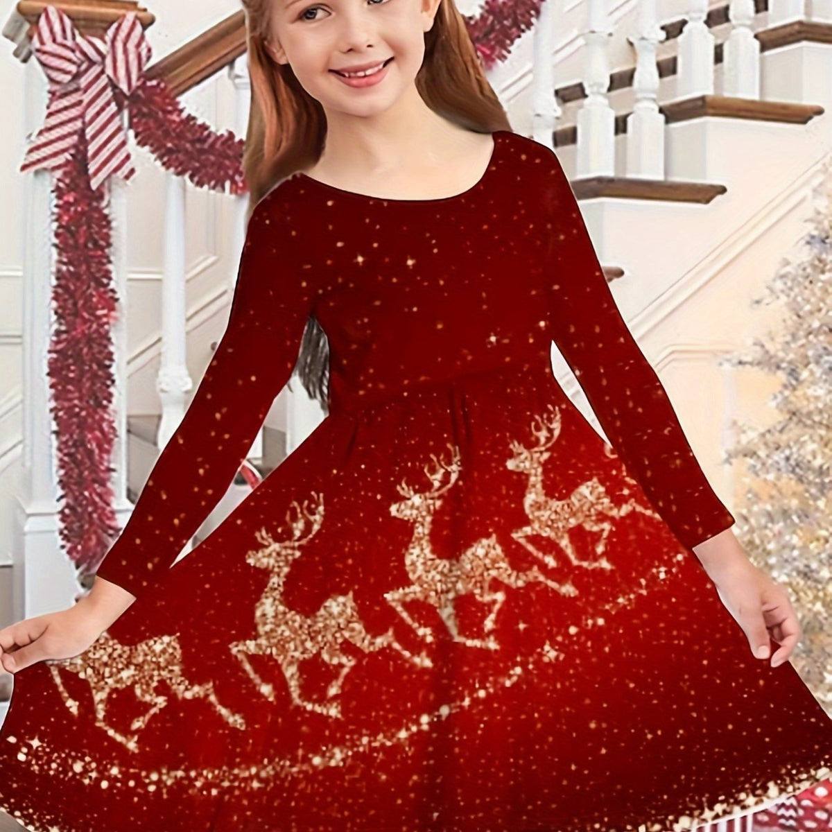 Girls Reindeer Graphic Long Sleeve Dress for Spring Fall