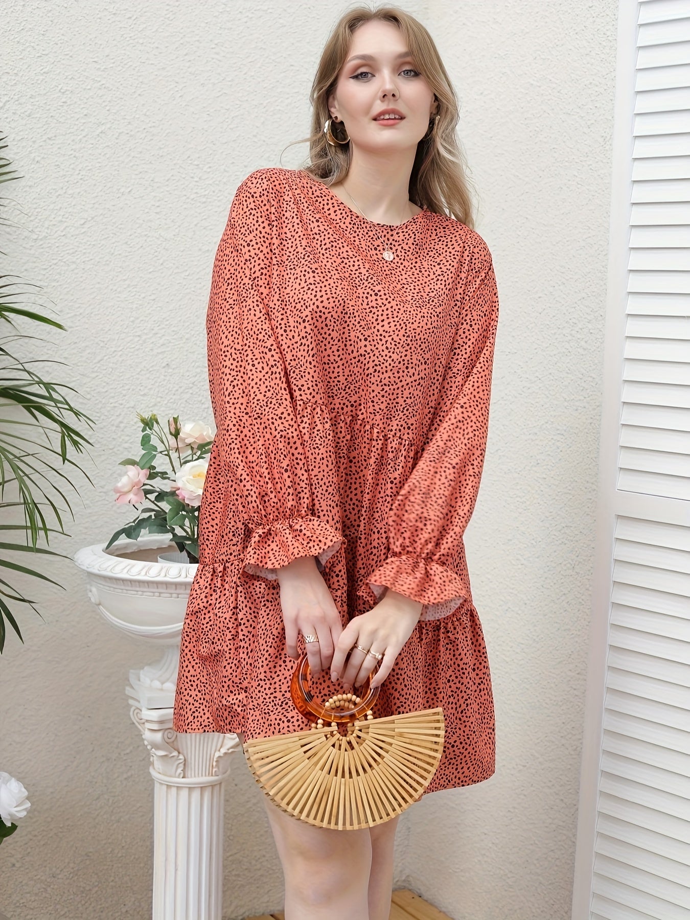 Leopard Print Flounce Sleeve Round Neck Smock Mini Dress