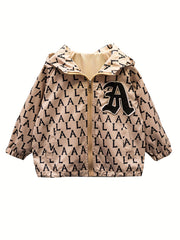 Boys Letter Print Waterproof Windbreaker Hooded Jacket