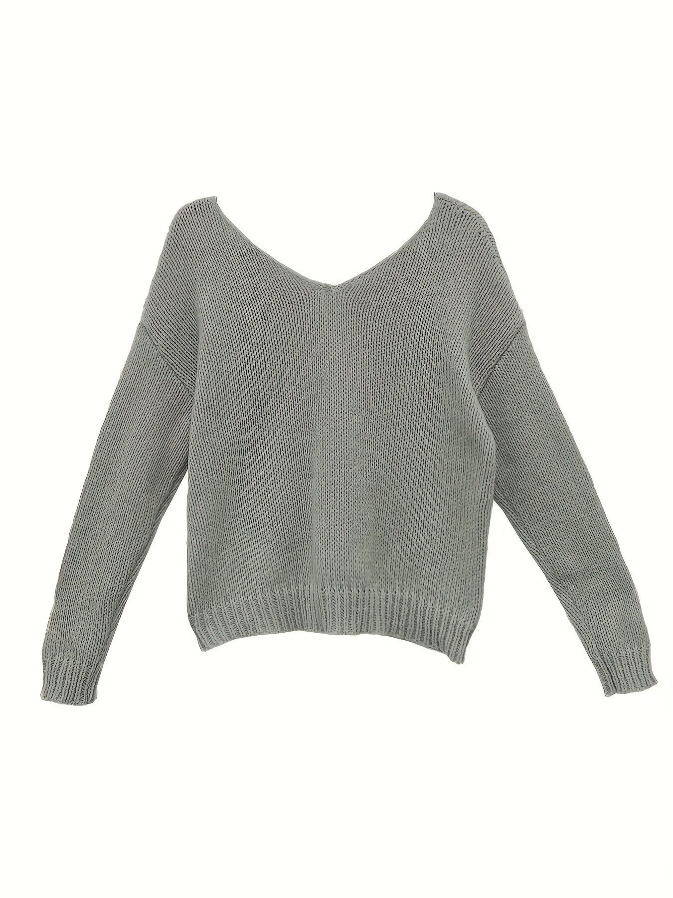 Casual V Neck Knitted Top Long Sleeve Pullover Sweater
