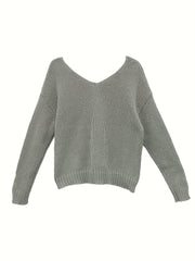 Casual V Neck Knitted Top Long Sleeve Pullover Sweater