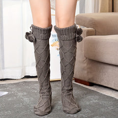 Argyle Calf Socks Pompom Decor Warm Knee High Socks Women's