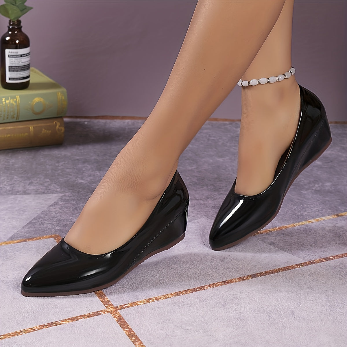 Women's Pointed Toe Wedge Heels Soft Patent Leather Comfy Work Shoes