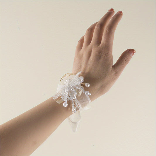 Mesh Bowknot Wristband Faux Pearl Crystal Bridal Wedding Jewelry