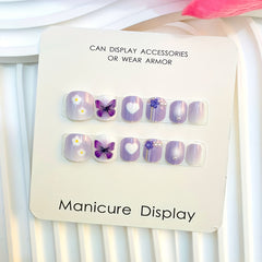 12pcs Purple Pink Cartoon Nail Tips Short Oval Shape Press On Nails