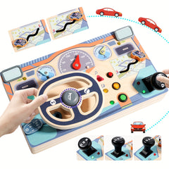 Wooden Busy Board Sensory Toys with Light Switch Steering Wheel