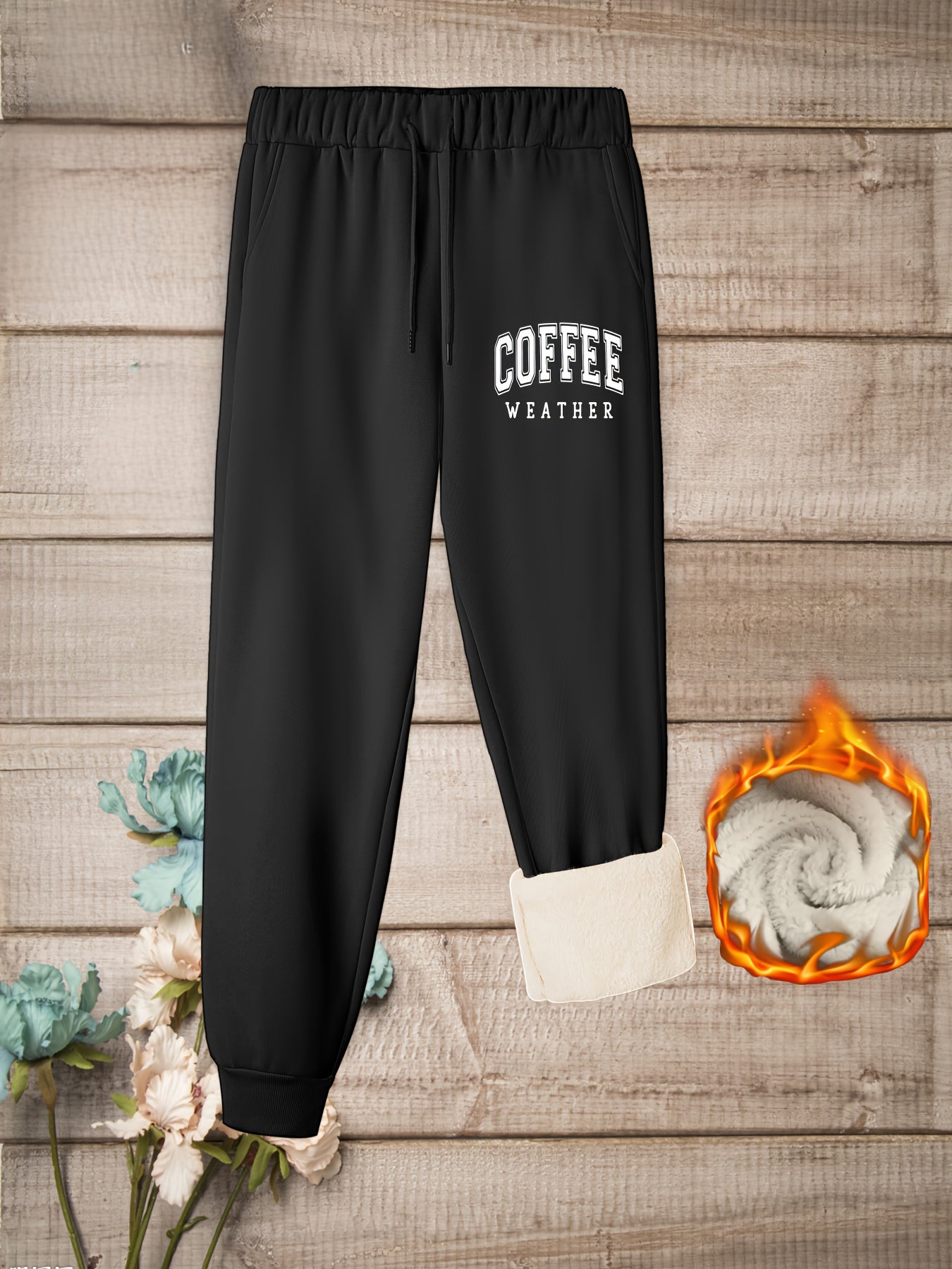  Casual Pants Women's Plus Letter Print Elastic Drawstring Fleece Liner