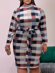  Plaid Print Long Sleeve Bodycon Midi Dress