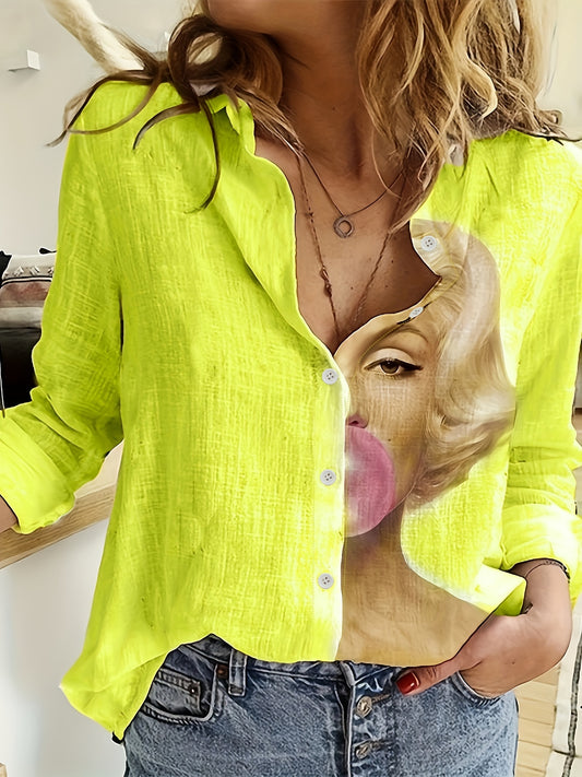  Colorblock Figure Print Button Up Blouse