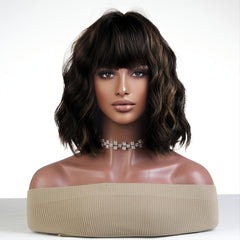 Short Bob Wavy Curly Wig With Bangs Heat Resistant Hair Wigs