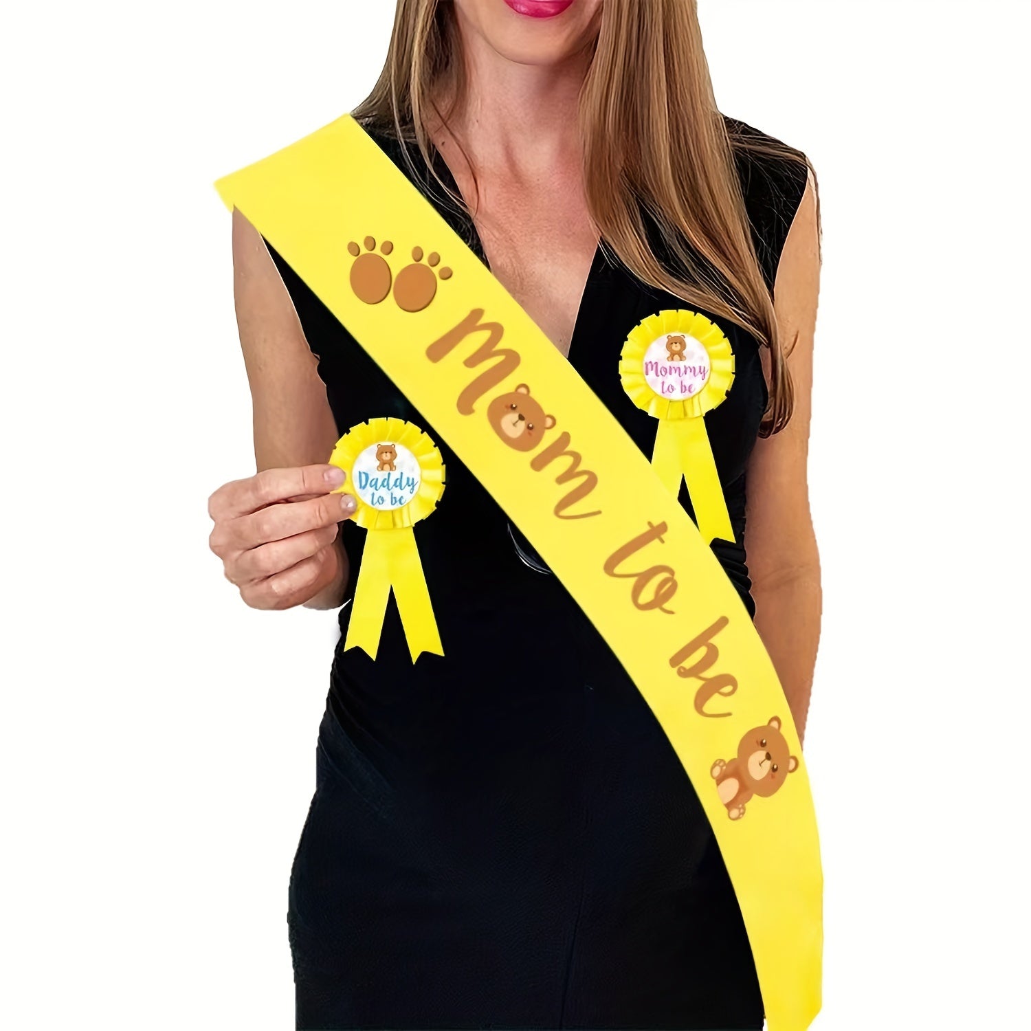 2 Yellow Mommy To Be Sash & Daddy To Be Pin Baby Shower Party
