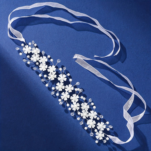 Crystal Pearl Flower Headband Ribbon Bridal Wedding Accessories