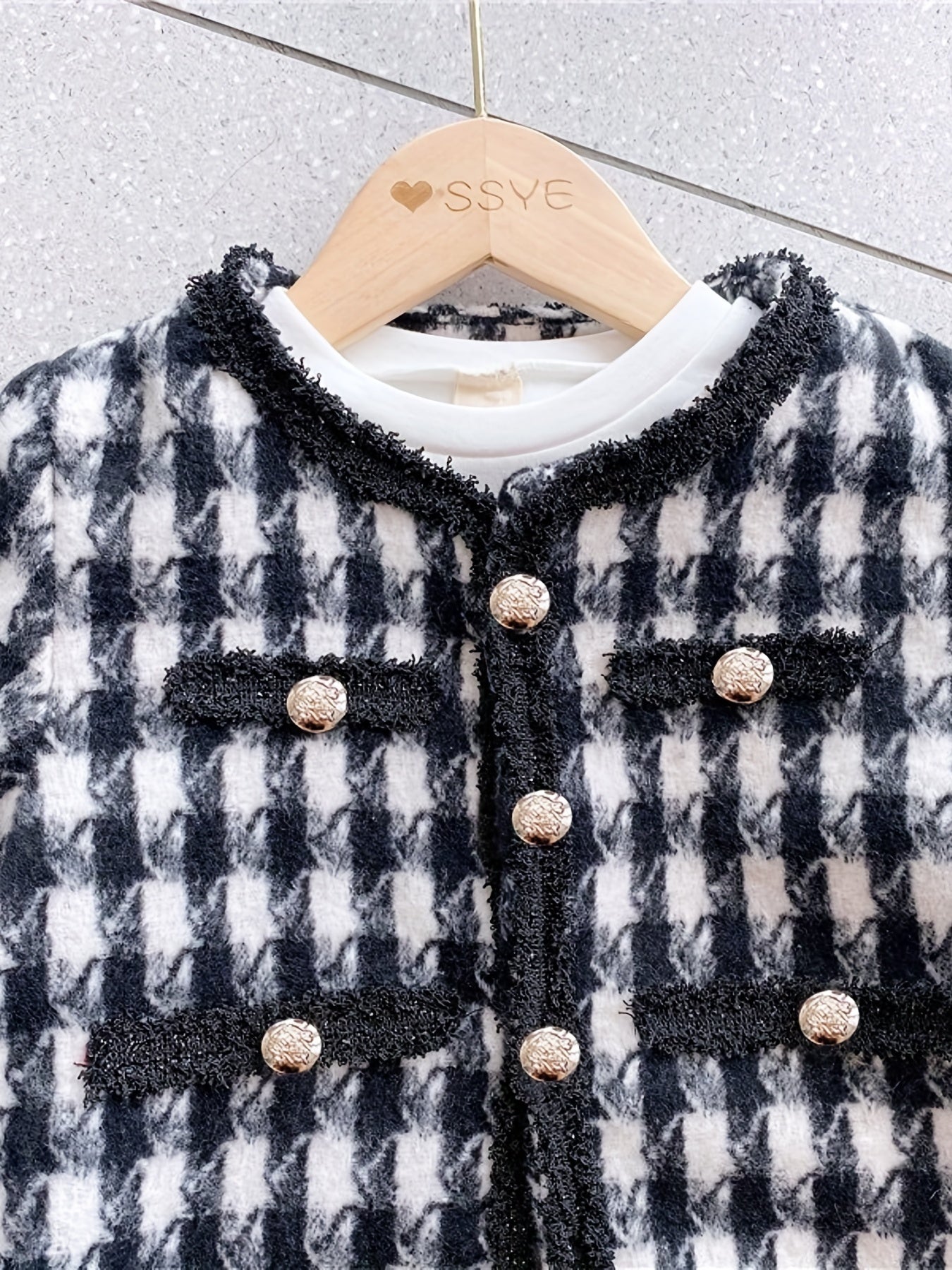 Girl's Houndstooth 2pcs Button Front Coat & Skirt Set Outfits
