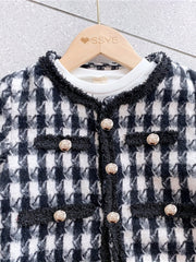 Girl's Houndstooth 2pcs Button Front Coat & Skirt Set Outfits