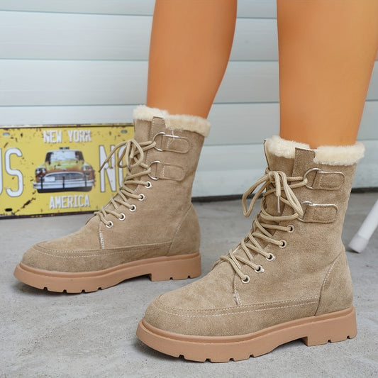 Women's Plush Lined Snow Boots Thermal Lace Up Mid Calf Combat Boots