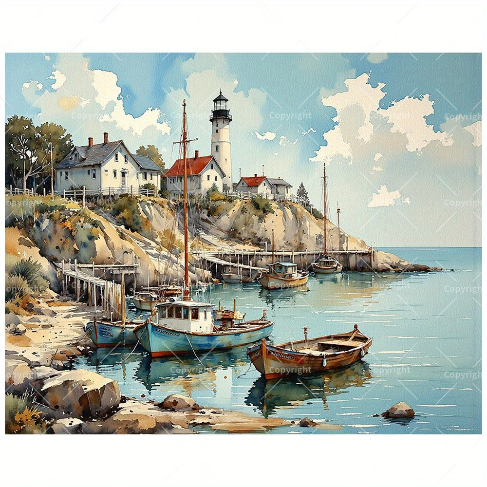 Coastal Lighthouse DIY Paint by Numbers Kit - Seaside Harbor Boat Painting